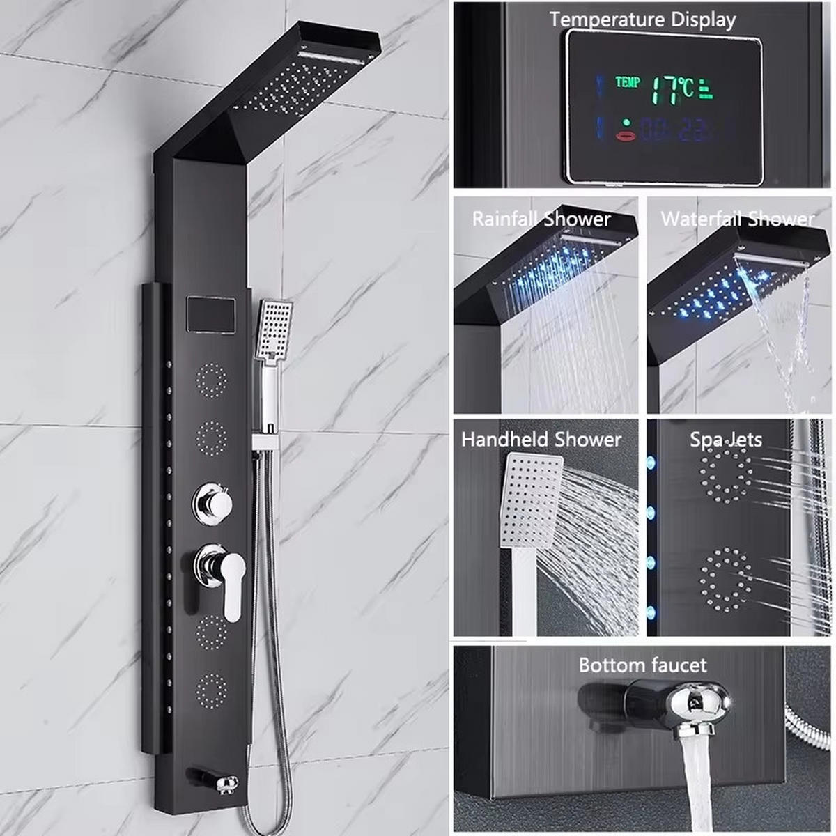 ÜBERKOPFBRAUSESET Schwarz LED Edelstahl Regendusche Massagedusche Duschpaneel - Schwarz, Metall (15/125/46cm) - Kaket