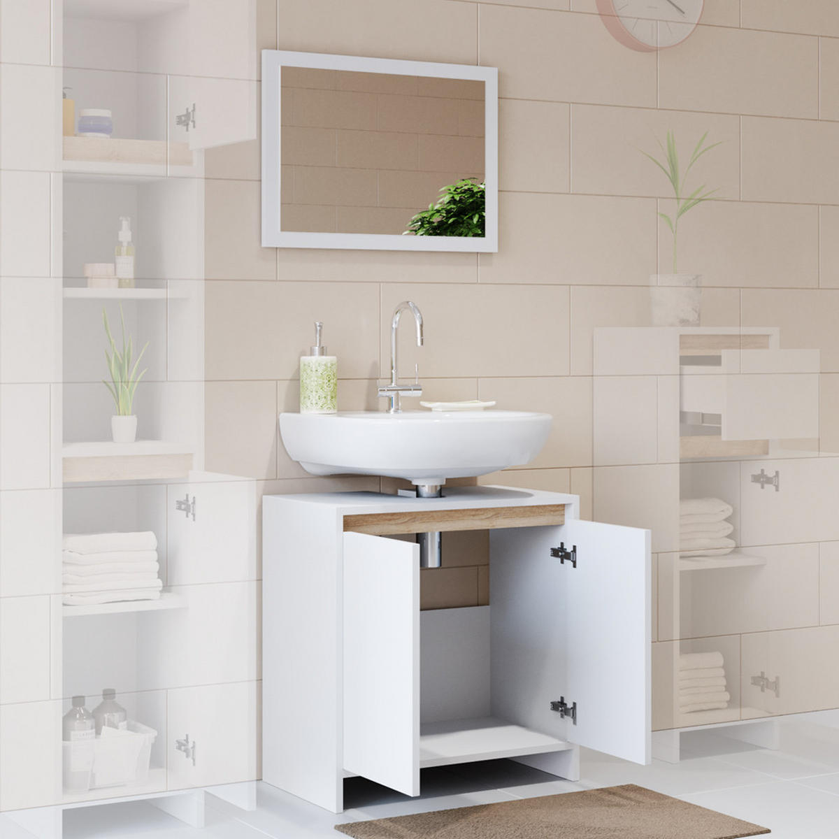 BADMÖBEL-SET Emma Weiß/Sonoma 2 Teile - Weiß/Sonoma Eiche, Holzwerkstoff (58/60/33cm) - Vicco