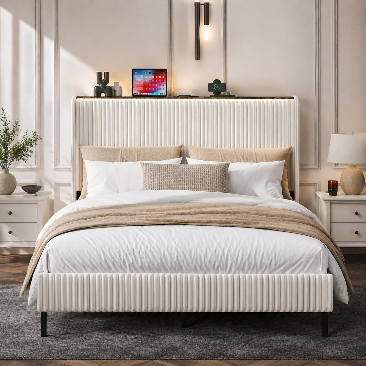POLSTERBETT 140/200 mit gepolstertem Kopfteil und Metalllatten in Beige - Beige, Textil/Metall (140/200cm) - EVRYAE