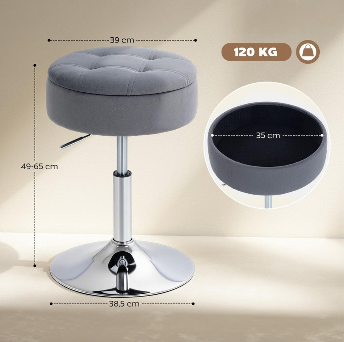 BARHOCKER mit Stauraum drehbar höhenverstellbar 49-65 cm Grau - Grau, Metall (39/65/39cm) - Meubliv