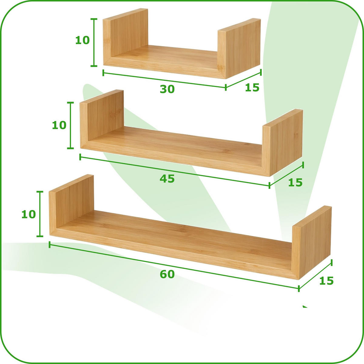 WANDREGAL in Bambusfarbe 3er-Set U-Form 30/45/60x15x10 cm - Naturfarben, Holzwerkstoff (60/15/15cm) - Begryf