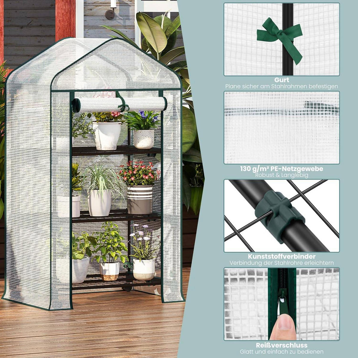 GEWÄCHSHAUS mit Rollen, Foliengewächshaus mit 3 Regalen - Weiß, Textil/Metall (70/131/50cm) - Woltu