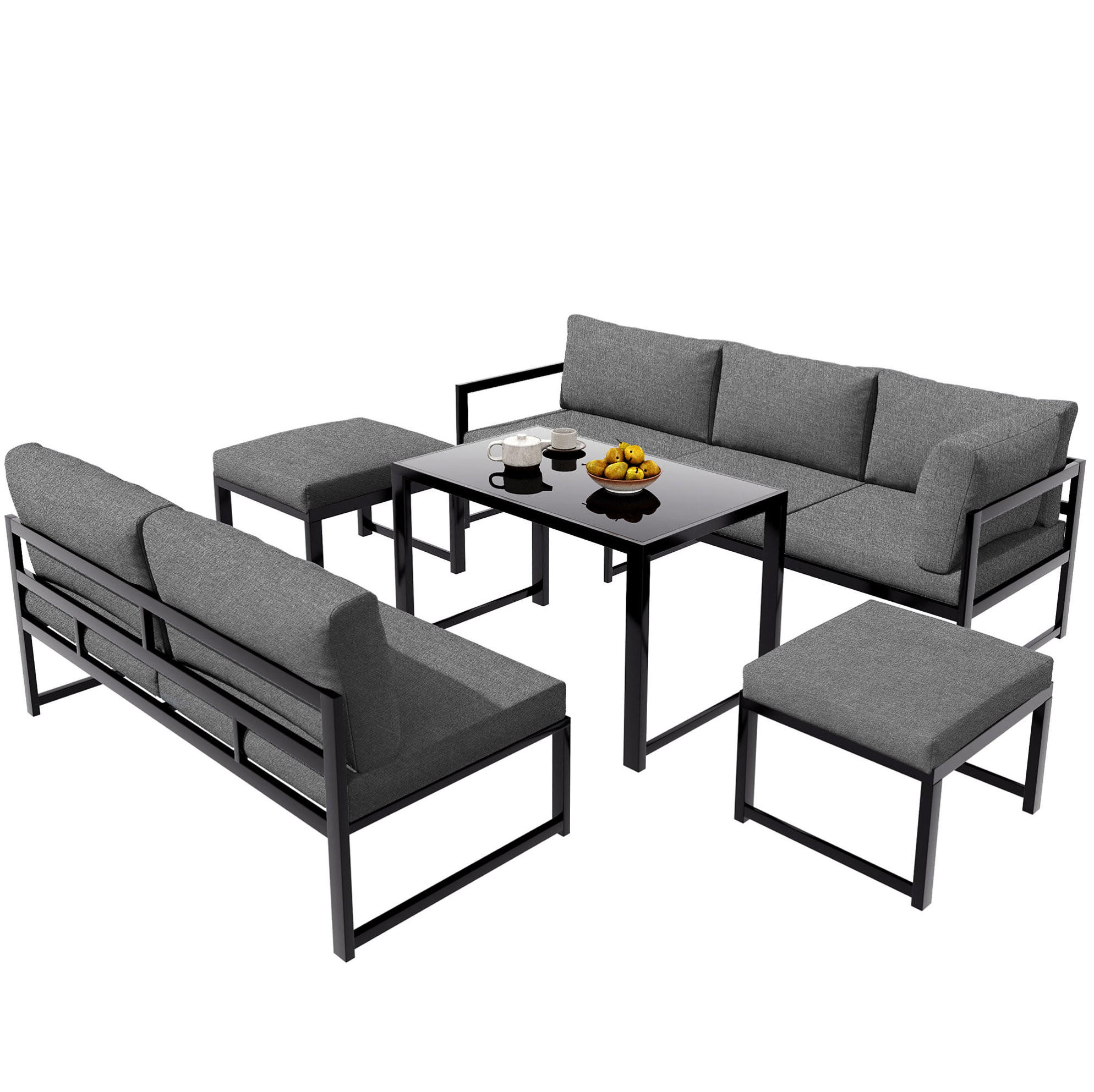 GARTEN-LOUNGE-SET Aluminium mit verstellbarer Rückenlehne, Tisch & Hocker, 199/60/66 cm, Schwarz/Grau - Grau, Metall - Redom