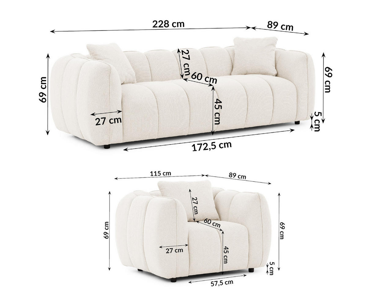 SITZGARNITUR 3+1 Nubira in tief gesteppter Bubble-Optik aus weichem Creme Strukturstoff im modernen Design - Creme/Schwarz, Holz/Kunststoff (228/69/89cm) - S-Style Möbel