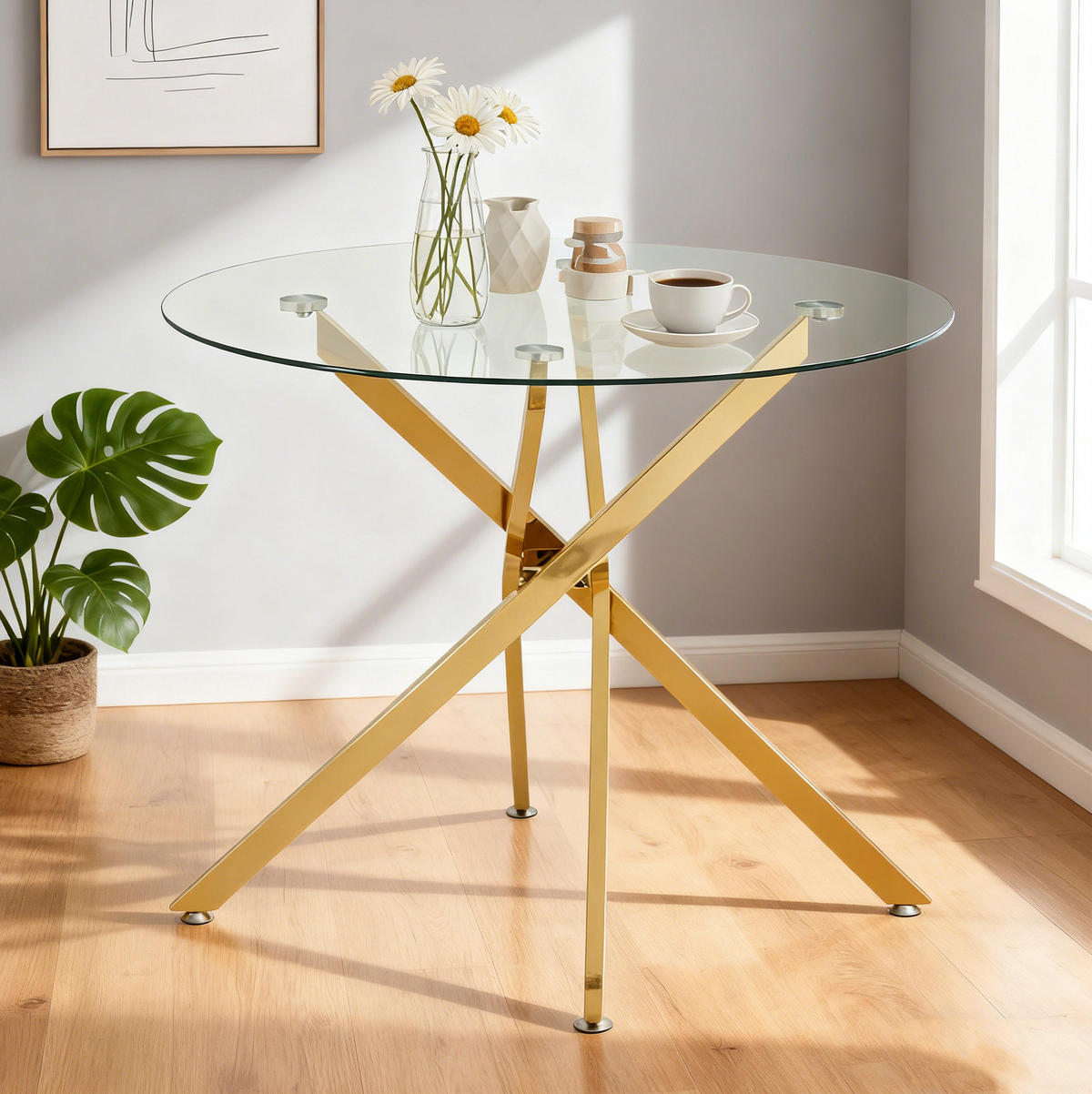 ESSTISCH rund 80/80/76 cm aus Glas und Metall in Gold - Goldfarben, Metall (80/80/76cm) - Flora Grace