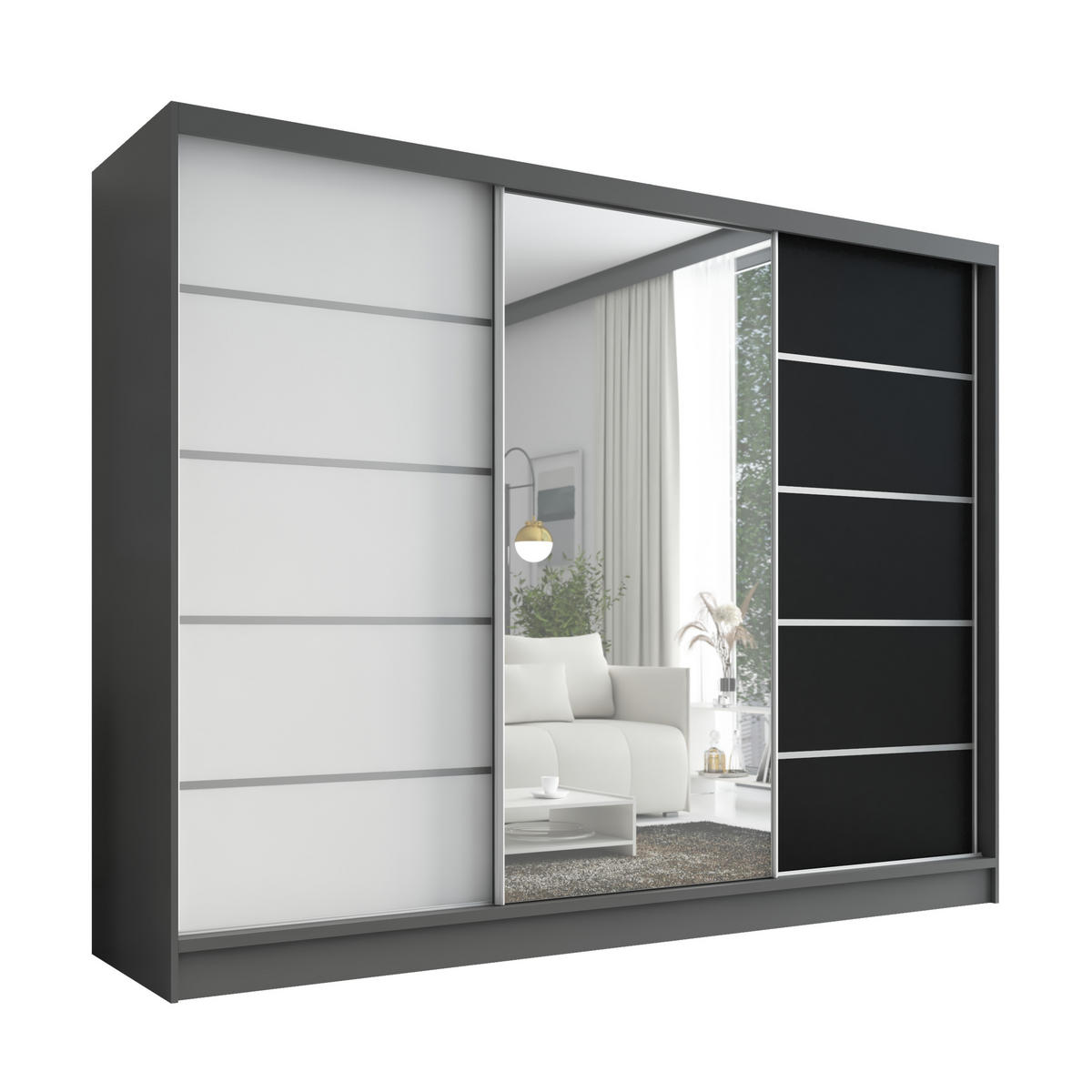 SCHWEBETÜRENSCHRANK 200 cm AURELIA 1 Farbe: Graphit, Weiß, Schwarz - Graphitfarben/Schwarz, Holzwerkstoff (200/215/60cm) - A&J MöbelLand