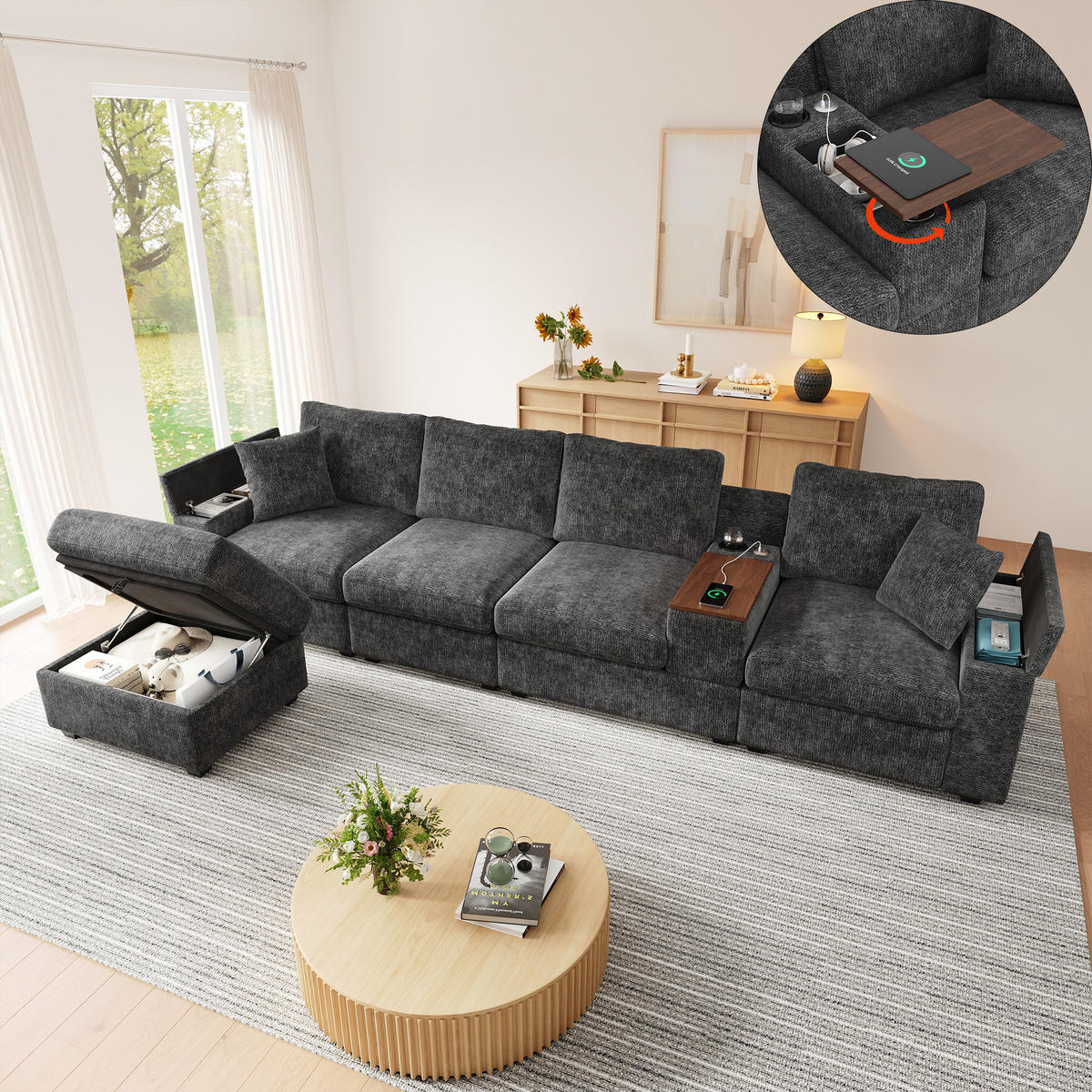 ECKSOFA 313/147/82 cm Grau mit Stauraum, USB-/Typ-C, Getränkehaltern und 360° drehbarem Couchtisch - Grau, Textil (313/147cm) - Oxeza