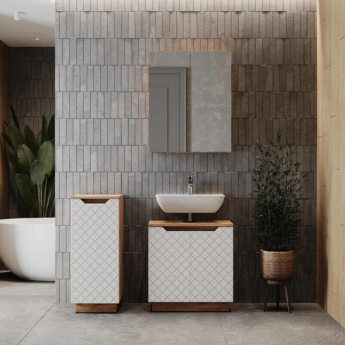 BADMÖBEL-SET Lotta Eiche/Weiß mit Kachelstruktur 3 Teile - Weiß, Holzwerkstoff (59.8/62.1/32cm) - Vicco