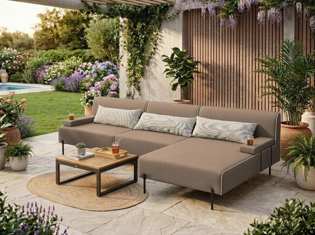 GARTENSOFA BORNEO S Wetterfest 300x170x86 cm, Rechts, Solide Konstruktion, HR-Schaumfüllung, Wetterfeste Bezugstoff, Beige - Beige, Holz/Metall (300/86/170cm) - Trada