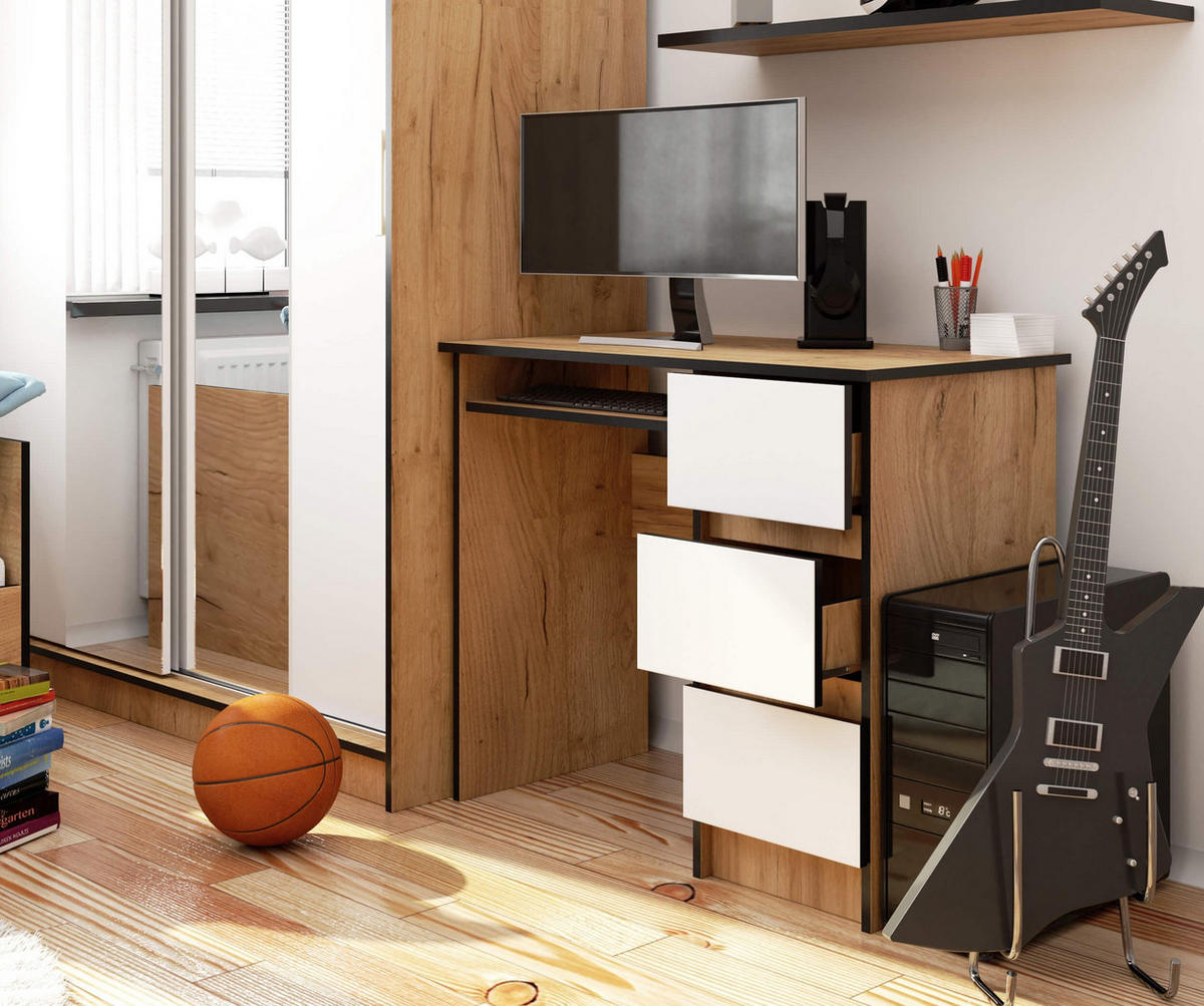 SCHREIBTISCH Rechts 3 Schubladen, Craft-Weiß, 90x50x77 cm - Weiß/Nickelfarben, Holz (50/90/77cm) - Milordbikes