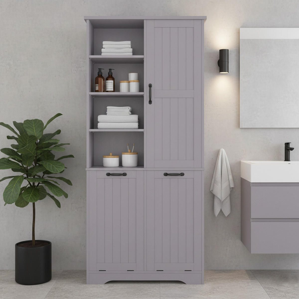 HOCHSCHRANK (Bad) Grau mit Doppel-Wäschekorb - Grau, Holzwerkstoff (78/172.7/35cm) - Urban Meuble