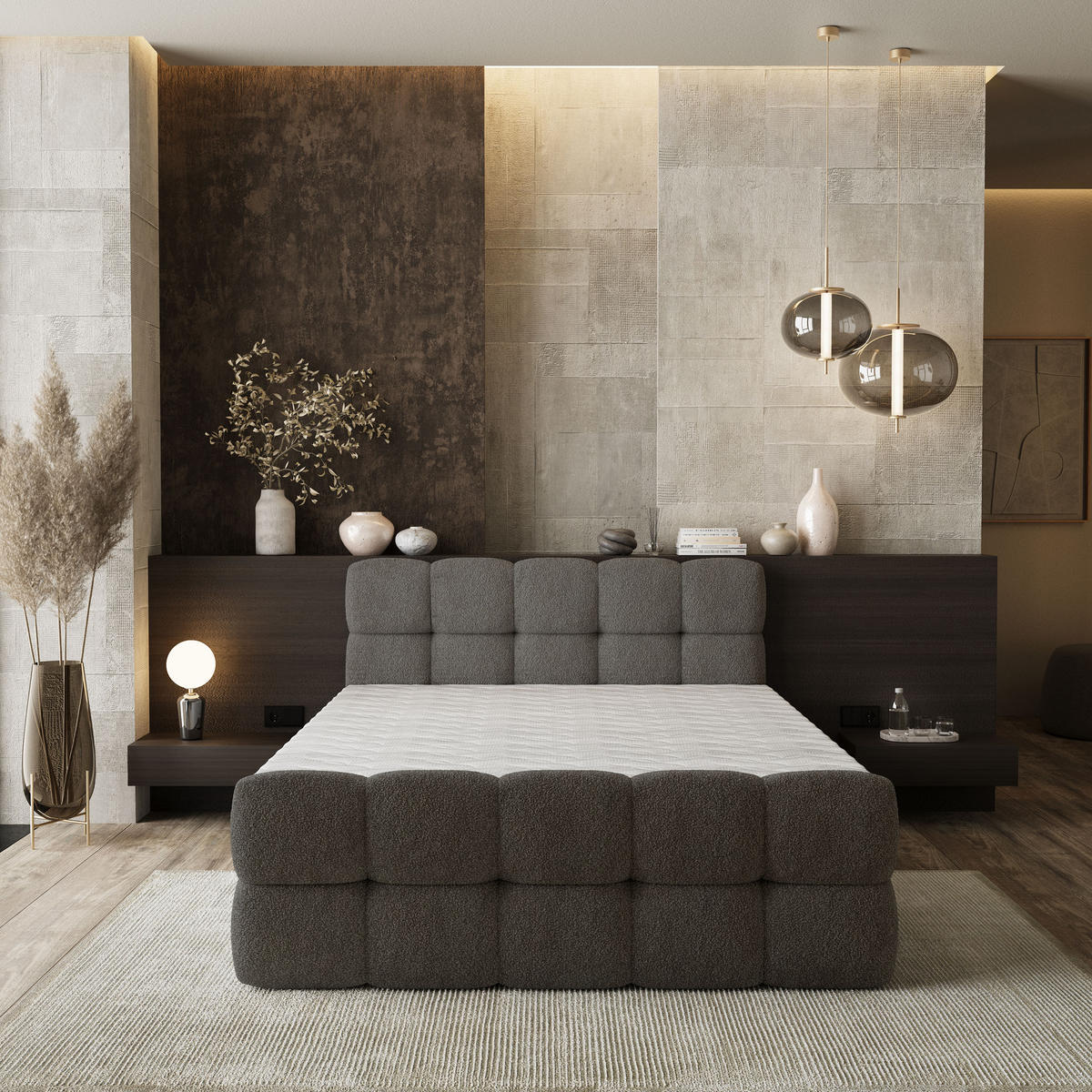 BOXBETT BRUME 140x200 cm mit Matratze und Topper, H2+H3 - Grau - Grau, Holz (140/200cm) - MASSENO