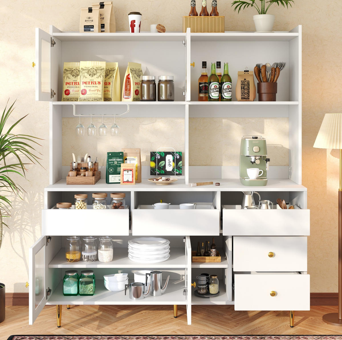 SIDEBOARD mit Changhong-Glastüren 145 x 39 x 171 cm MDF Weiß - Weiß, Holzwerkstoff (39/171/145cm) - Meubliv