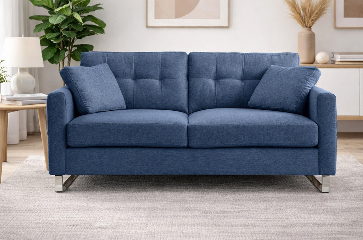 SOFA blau Flachgewebe 2-Sitzer 175 cm, Couch mit Steppoptik - Blau/Chromfarben, Holz/Textil (175/92/94cm) - Inn.Furn