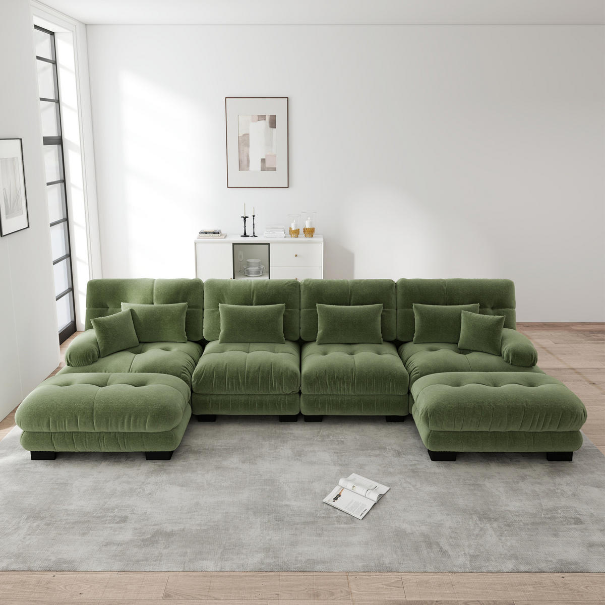 ECKSOFA 406/145/81 cm grün aus Chenille mit beweglichen Ottomanelementen - Grün, Textil (145/406cm) - OKWISH