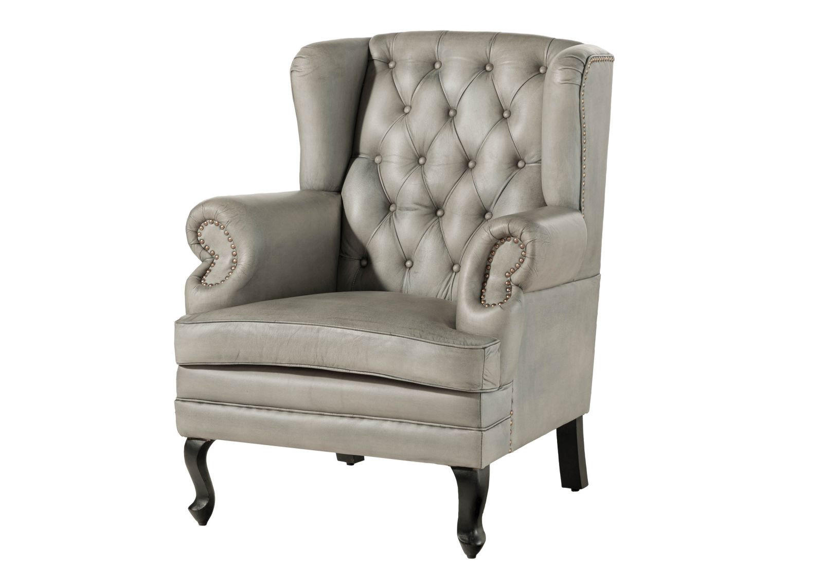 OHRENSESSEL Echtleder 88x81x105 grau CHESTERFIELD #201 - Grau, Leder (88/105/81cm) - Massivmoebel24