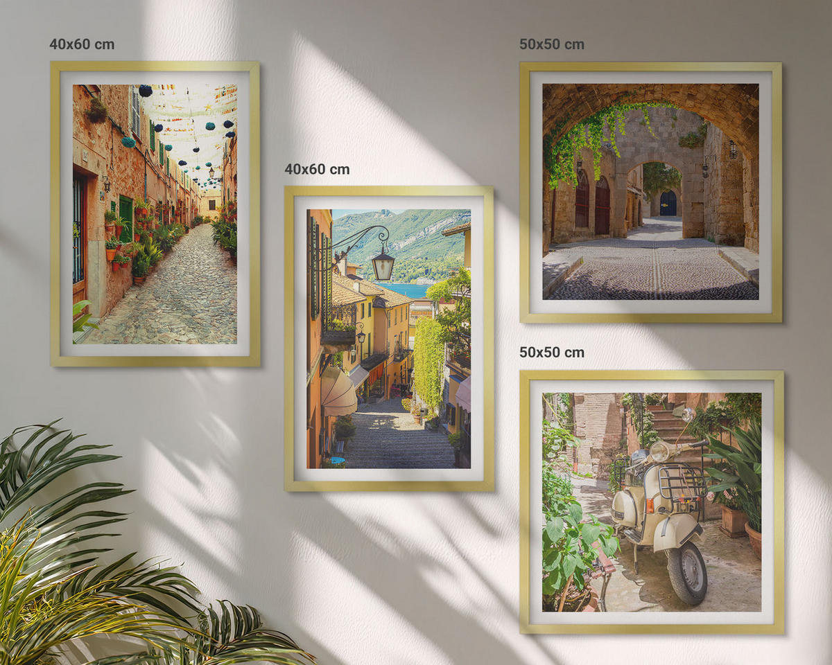 WANDBILDER 4er Set - 50x50 cm & 40x60 cm Goldrahmen - Charmante Straßen und Pizza - Goldfarben, Kunststoff (50/50cm) - ArtPrintCave