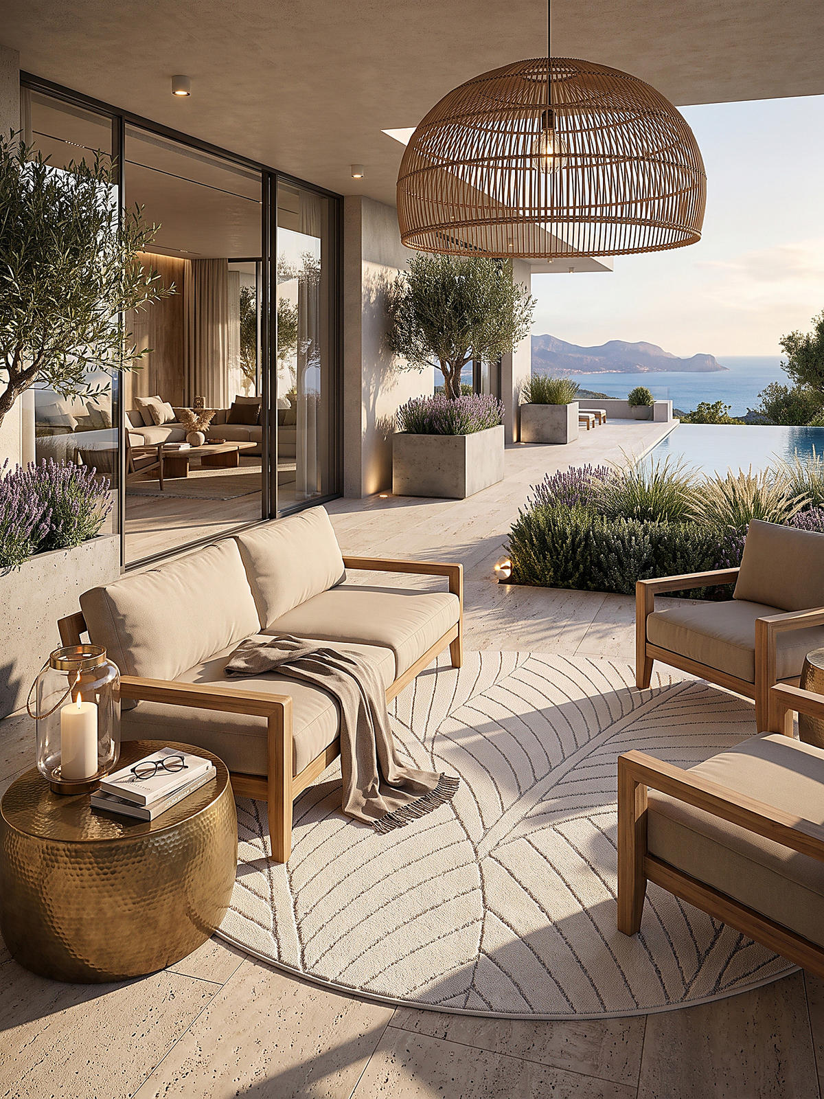 TEPPICH Outdoor, Fußbodenheizung-geeignet, mit Blattmotiv, ENGADIN in Creme, Ø 200 cm - Creme, Textil (200/200cm) - KADIMA DESIGN
