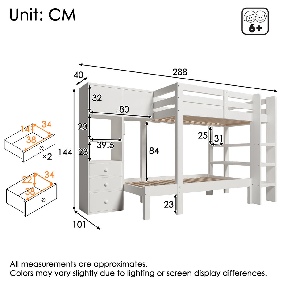 ETAGENBETT 90/200 cm Weiß mit Schrank, Regal und Schubladen - Weiß, Metall (90/200cm) - Flora Grace