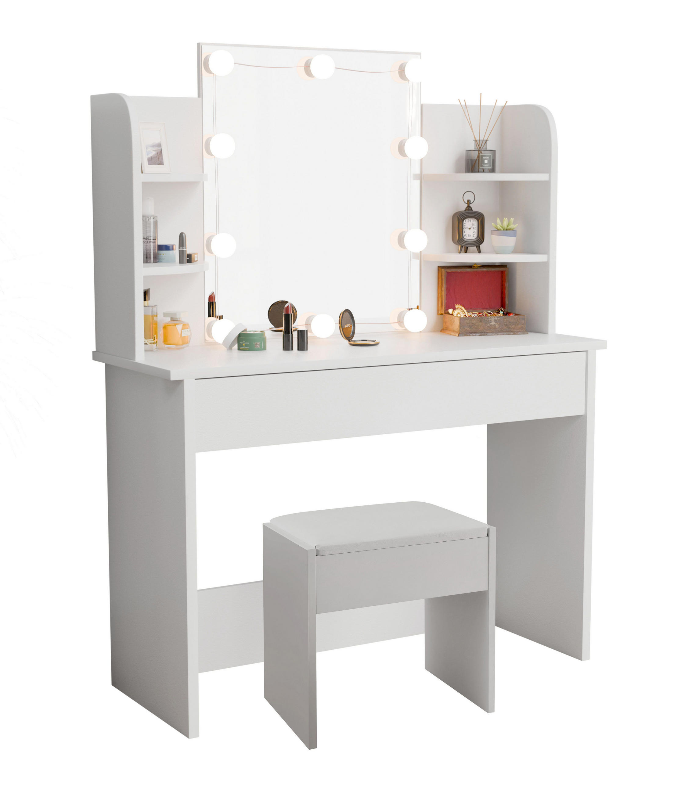 SCHMINKTISCH Bella mit mit LED und Hocker Melly - Weiß, Holz (40/140/108cm) - Juskys