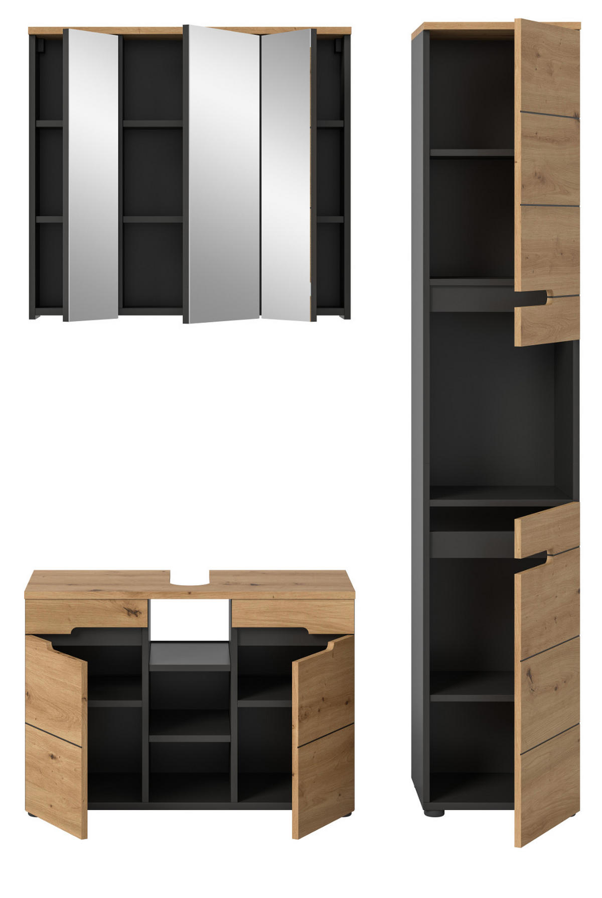 BADMÖBEL-SET Eiche, grau 3-teilig 133 cm, Komplettset mit Soft-Close - Schwarz/Eiche Artisan, Glas/Holzwerkstoff (133/193/34cm) - Inn.Furn