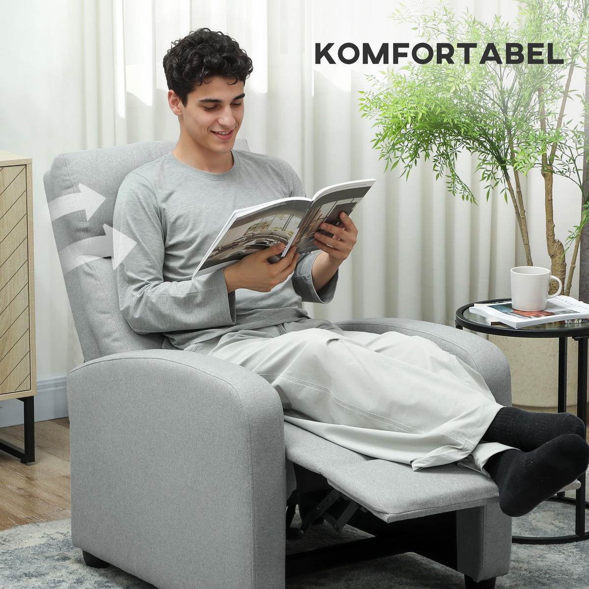 RELAXSESSEL DE-06317 verstellbar 135°, ausziehbare Fußstütze Hellgrau - Hellgrau, Textil/Metall (88/101/69cm) - ComfortXL