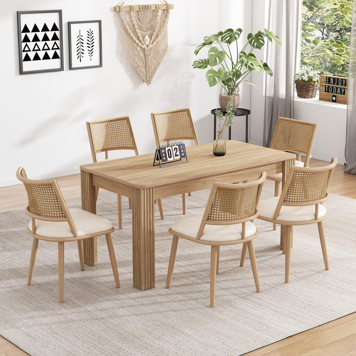ESSZIMMERSTUHL 6er-Set mit PU-Sitz und Rattan-Rückenlehne Beige - Beige, Holz (46/80/48.1cm) - Meubliv