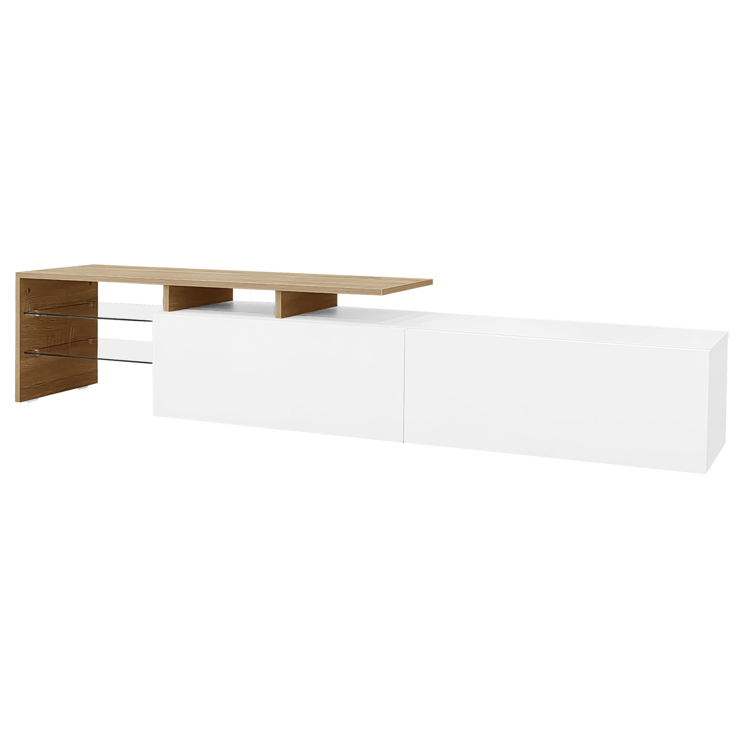 TV Lowboard LED 170x33x33,5 cm, Glasregale, Weiß - Weiß, Holz (170/33.5/33cm)