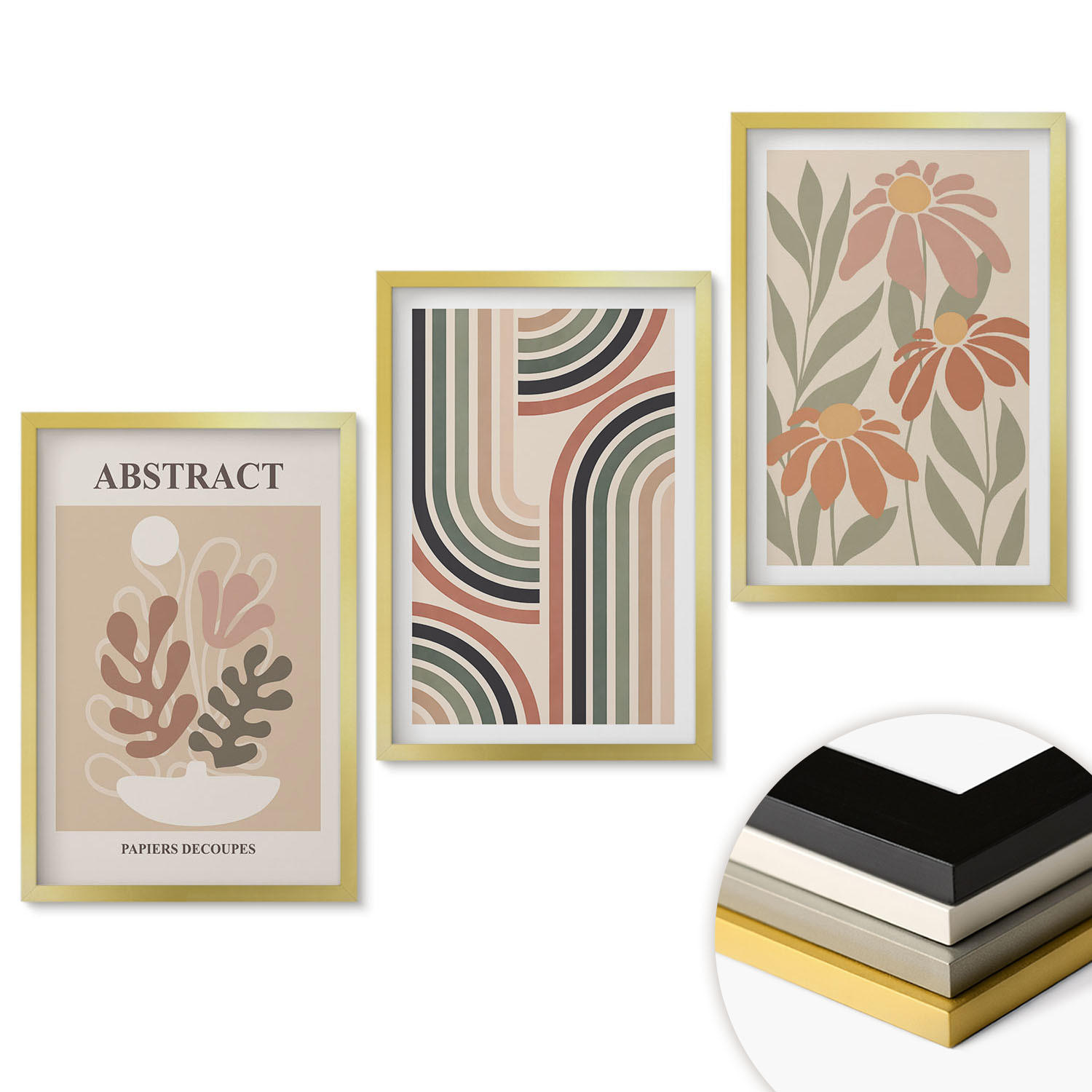 WANDBILDER 3er Set - 40x60 cm Goldrahmen - Abstrakte Pflanzen in Pastellfarben - Goldfarben, Kunststoff (40/60cm) - ArtPrintCave