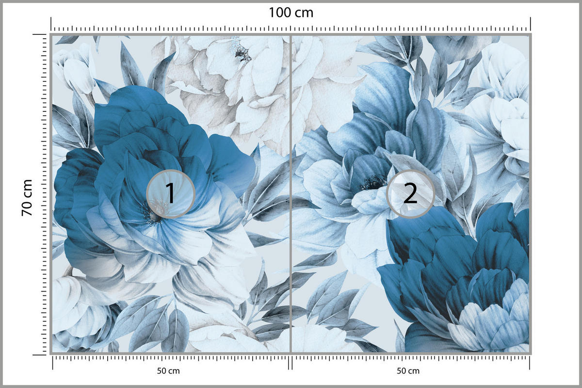 FOTOTAPETE für Wohnzimmer Blaue Pfingstrosen Zart Blumen Boho 100x70 - Blau/Weiß, Papier (100/70cm) - Muralo