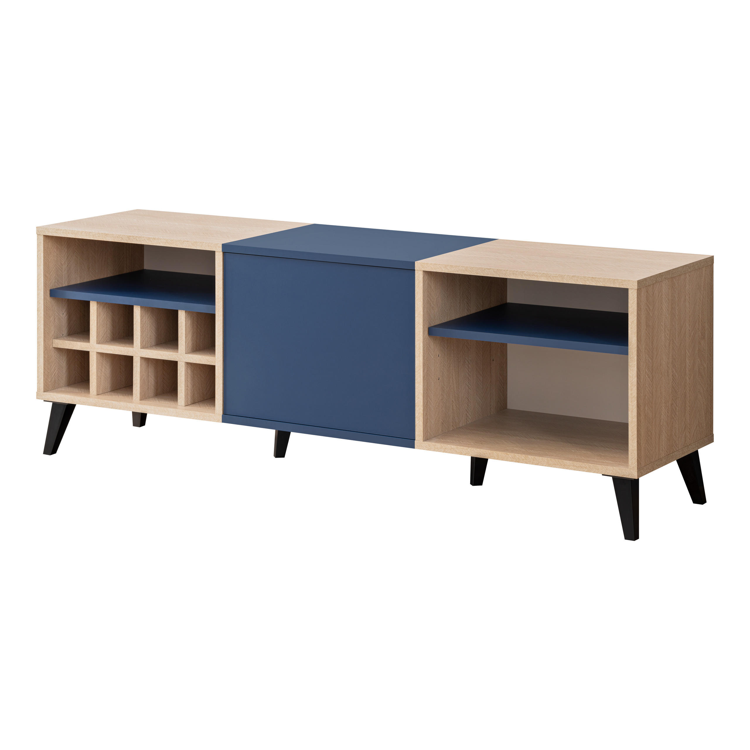 LOWBOARD MIT WEINSCHRANK FONDI, Blau, Skandinavische Tanne - Blau/Hellbraun, Holzwerkstoff/Metall (135.7/49/35cm) - Komodee