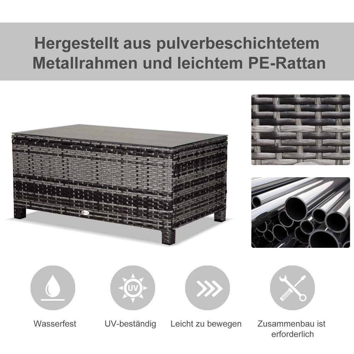 COUCHTISCH Rattan, Metall, Gehärtetes Glas, Grau - Grau, Kunststoff (85/50/39cm) - Outsunny