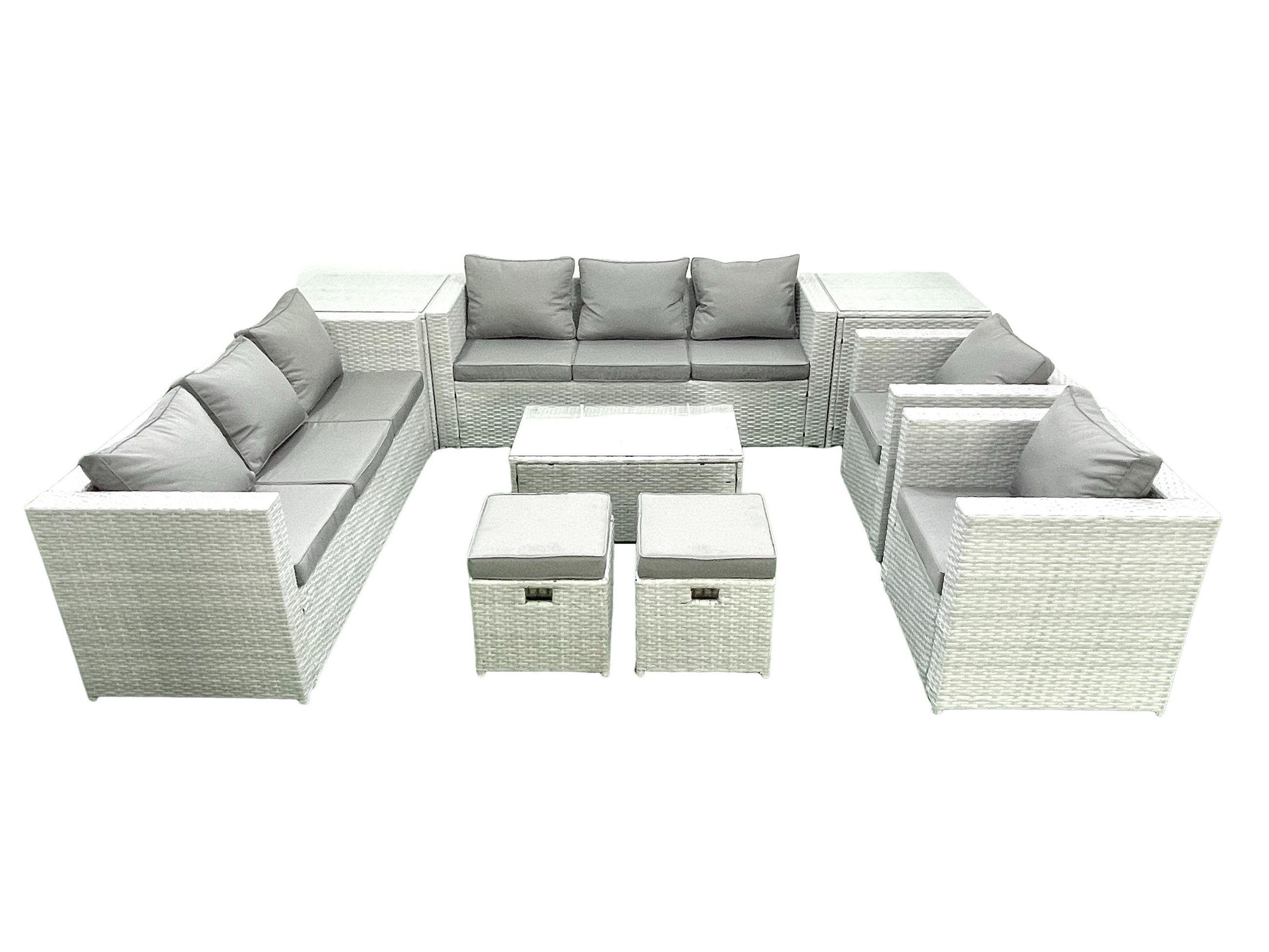 GARTENGARNITUR mit 3-SITZER SOFA,COUCHTISCH Polyrattan Hellgrau-Mix 10-Sitzer - Hellgrau/Grau, Glas/Kunststoff - Fimous