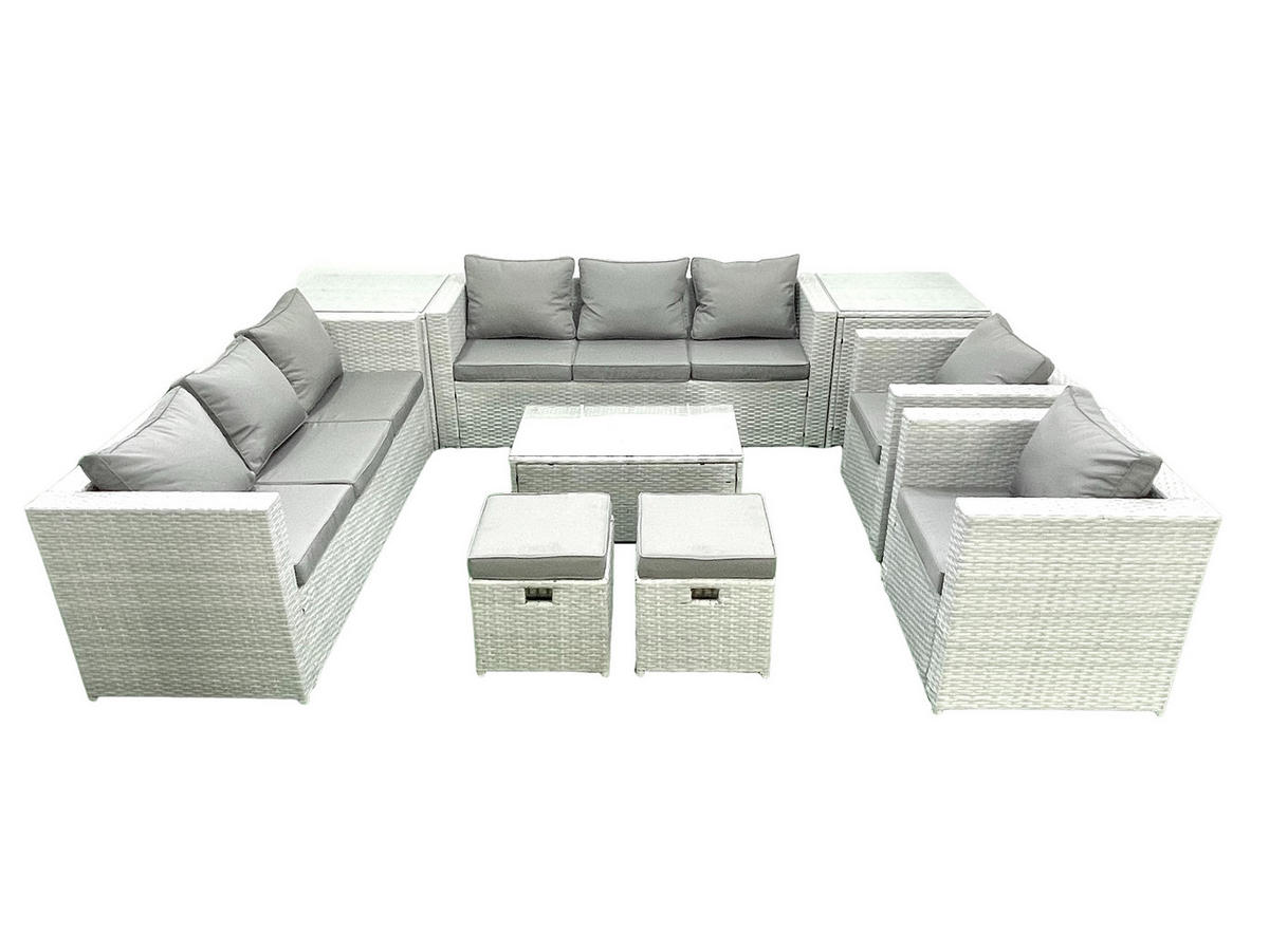 GARTENGARNITUR mit 3-SITZER SOFA,COUCHTISCH Polyrattan Hellgrau-Mix 10-Sitzer - Hellgrau/Grau, Glas/Kunststoff - Fimous