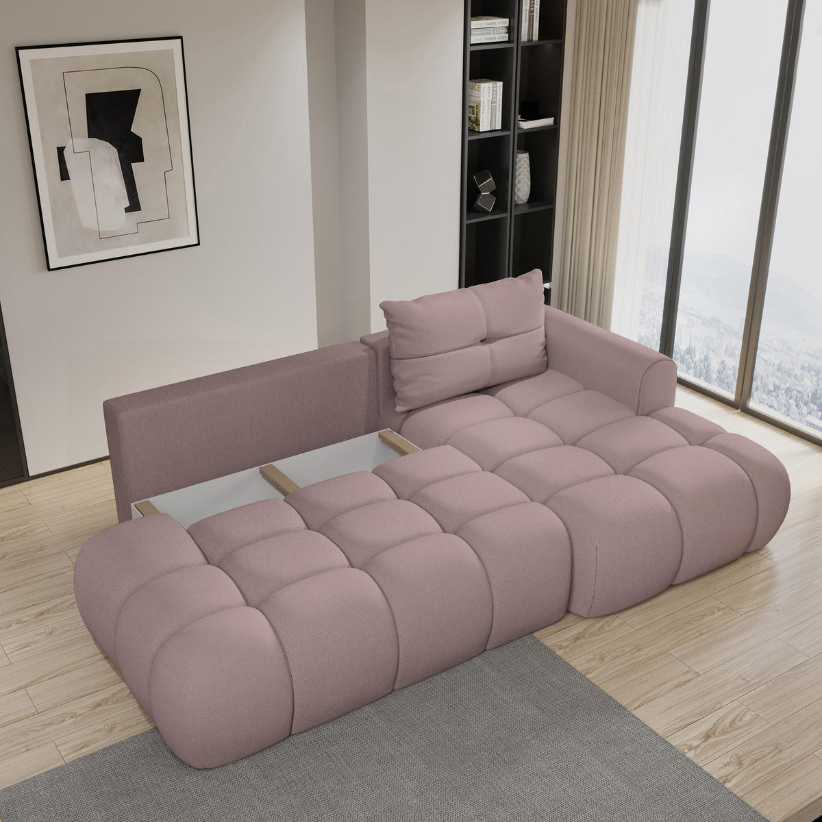 ECKSOFA FLUMA R-S Rosa Geflochtener Stoff mit Schlaffunktion - Rosa, Holz (274/165cm) - MASSENO