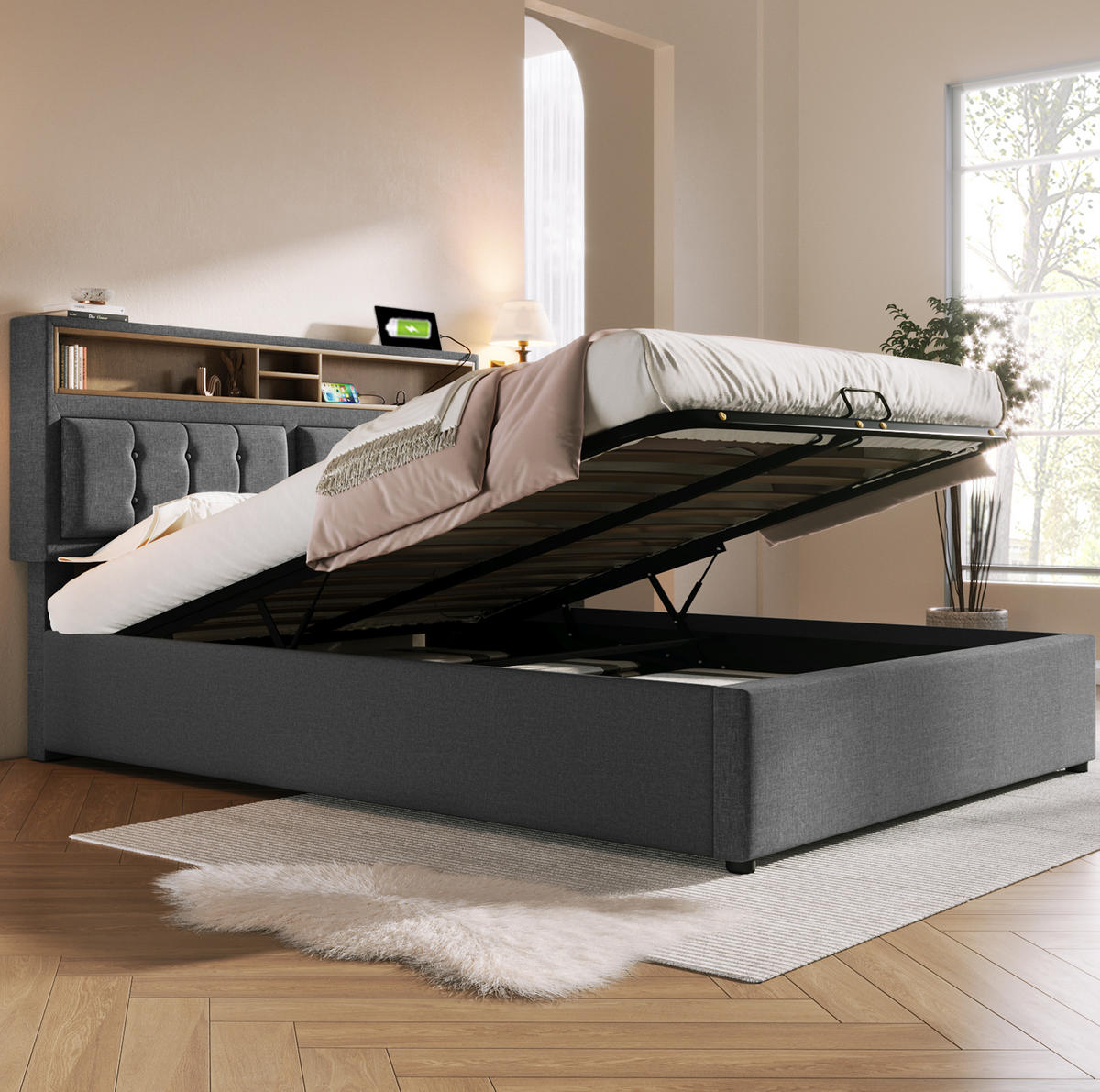 POLSTERBETT 140/200 cm Grau aus Leinen mit Stauraum - Grau, Textil (140/200cm) - OKMYHOME