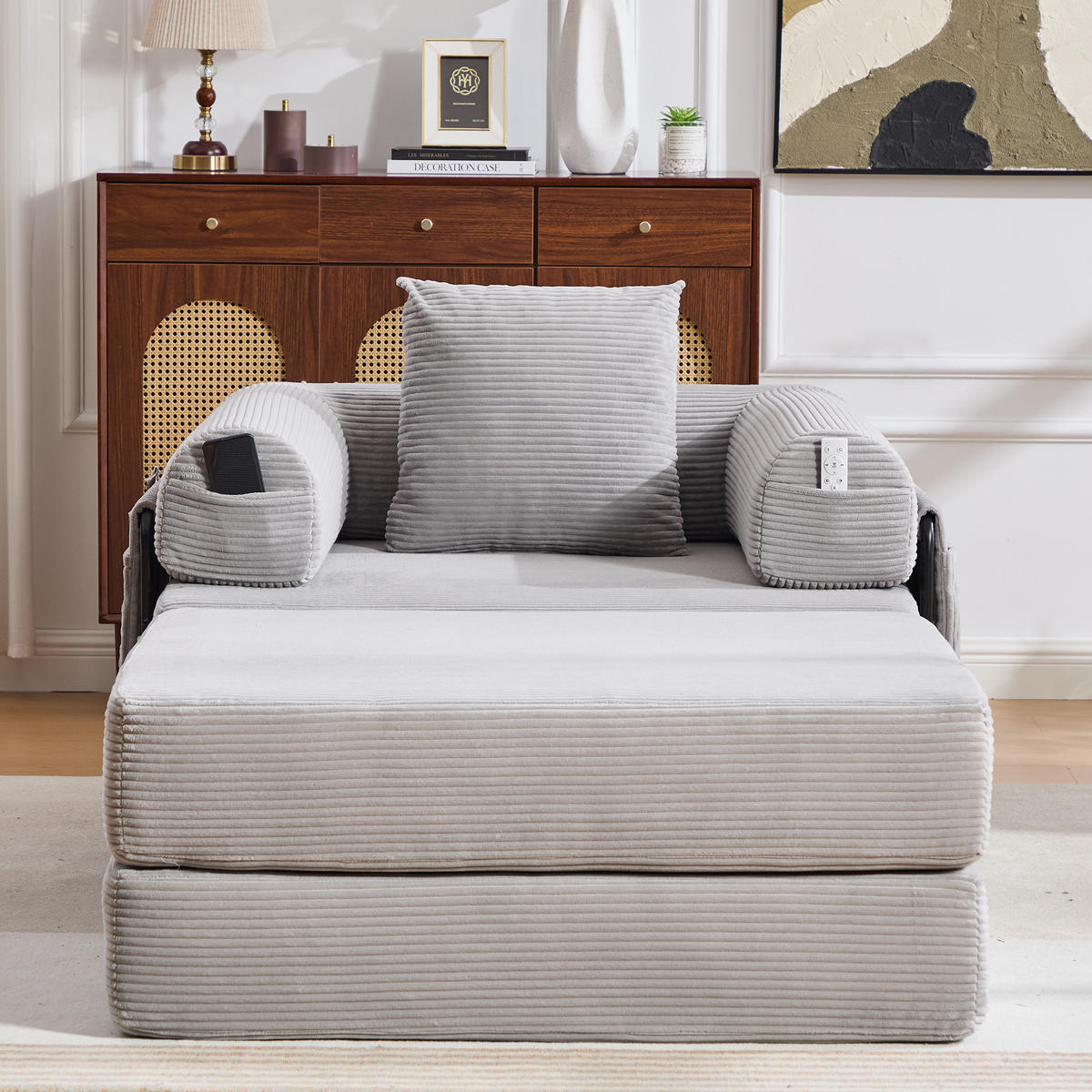 SOFA modular mit Hocker 112 x 190 cm Cord Hellgrau - Hellgrau, Kunststoff (190/67/112cm) - Meubliv