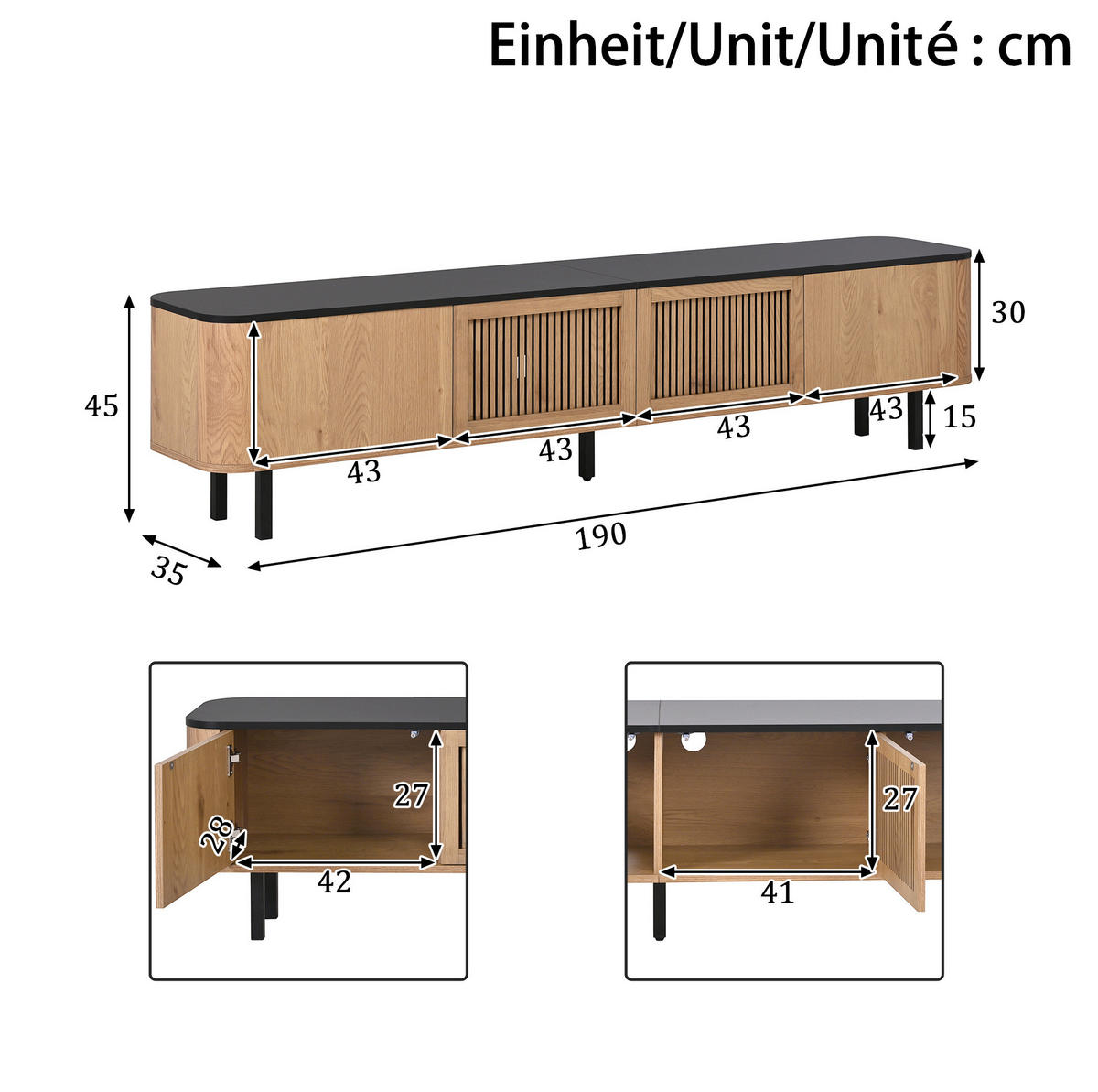 LOWBOARD 190/35/45 cm aus MDF und Holzwerkstoff mit Gittertüren Eichefarben/Schwarz - Braun, Holzwerkstoff (190/45/35cm) - Modenvie