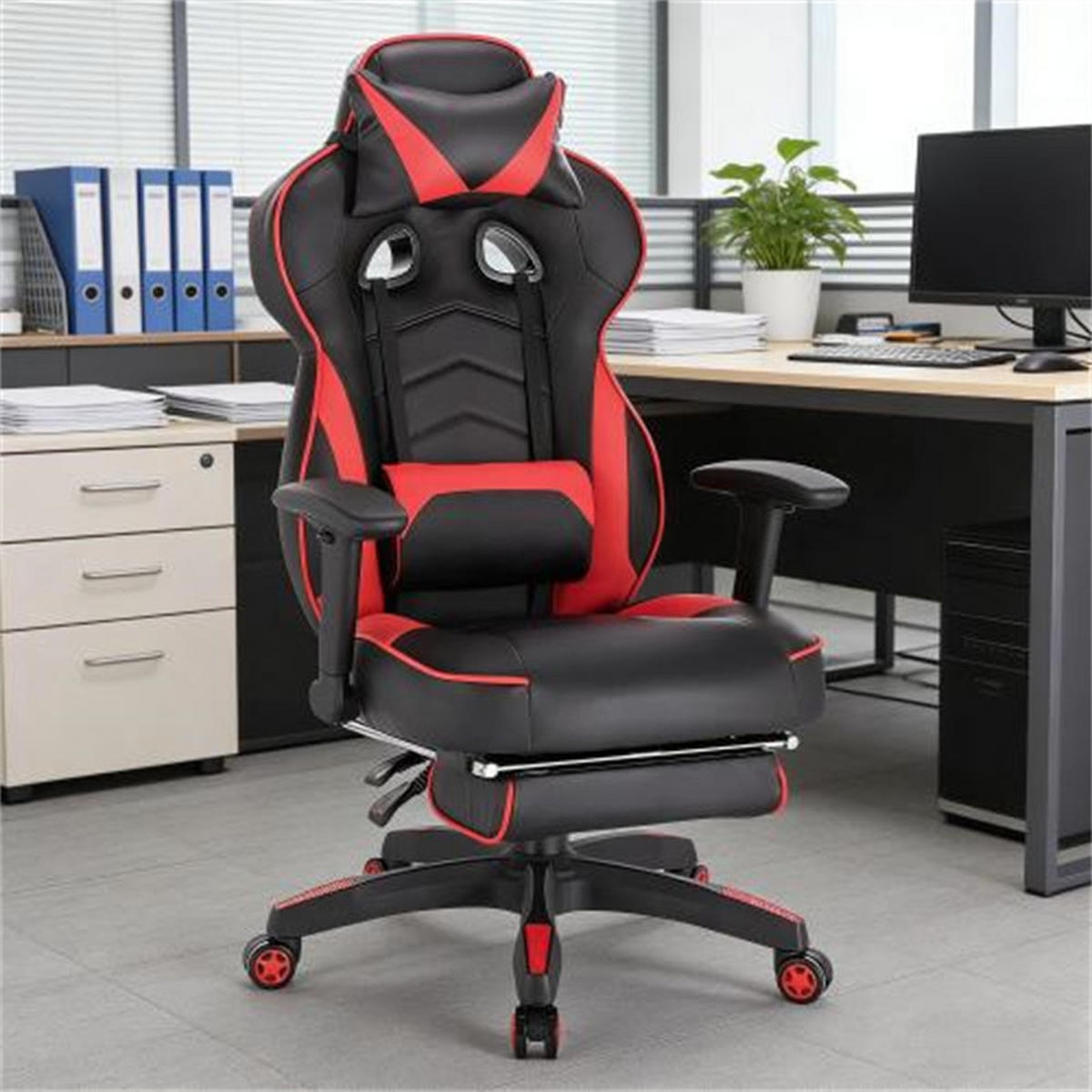GAMINGSTUHL Ergonomisch Schwarz-Rot, höhenverstellbar & drehbar, Metall-Leder-Bezug, 70 x 46 x 128 cm - Rot, Metall (70/128/46cm) - Albatros