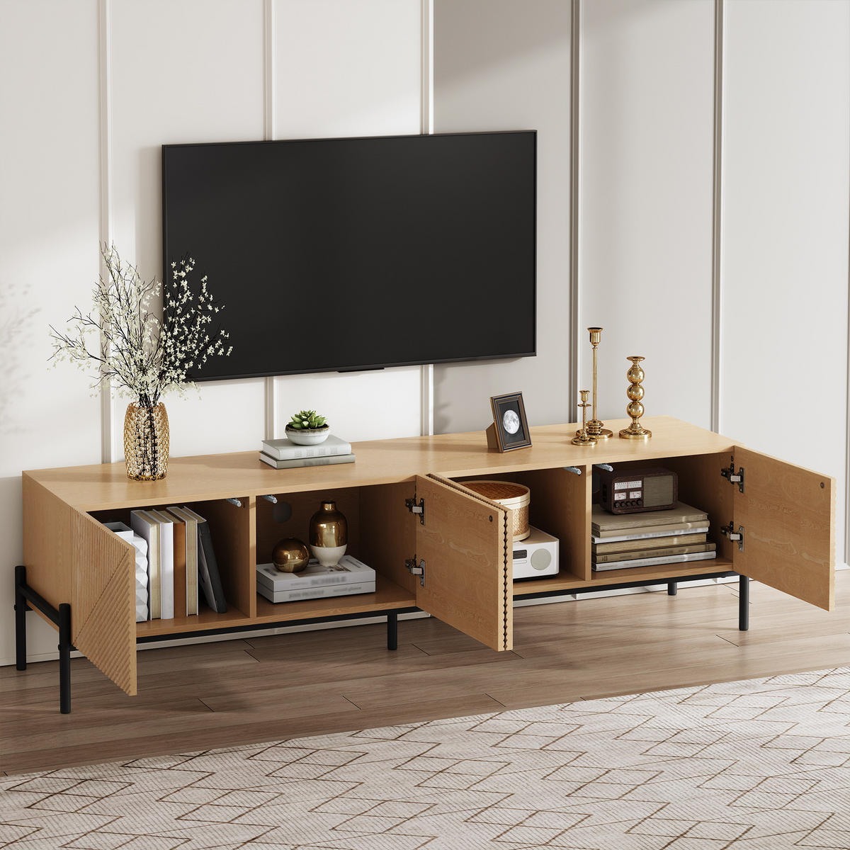 TV-SCHRANK Natur 163,5/40/45 cm mit 4 Türen und 3D-Textur - Honigeiche, Karton (40/45/163.5cm) - PANGIVO