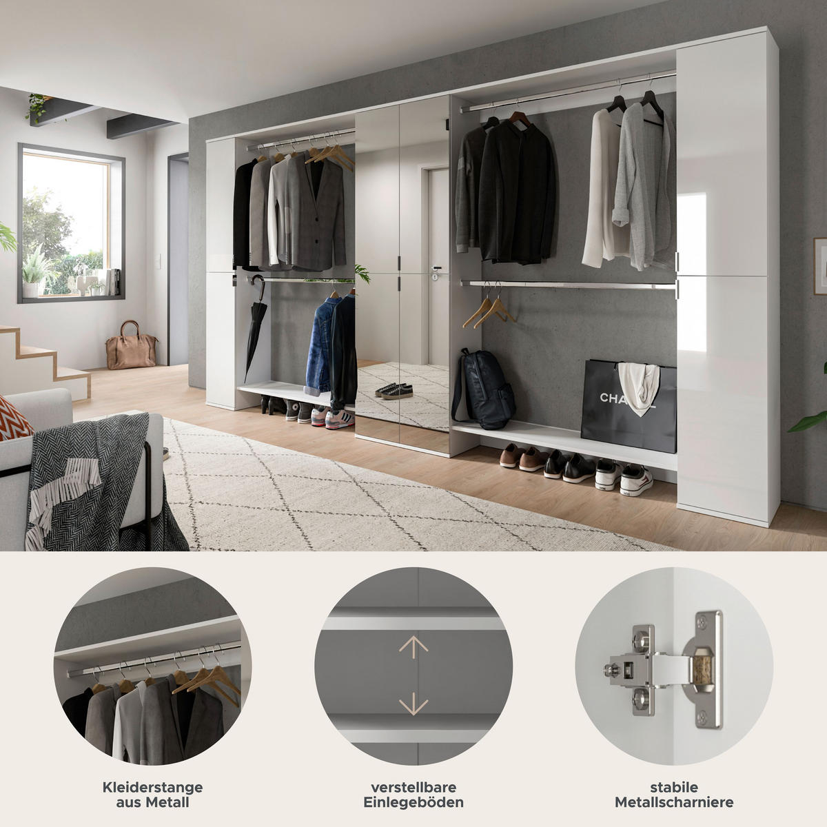 GARDEROBE Systemmöbel Projekt X 5tlg. Kombination , ca.341x191x37 cm - Weiß, Holzwerkstoff (341/191/37cm)