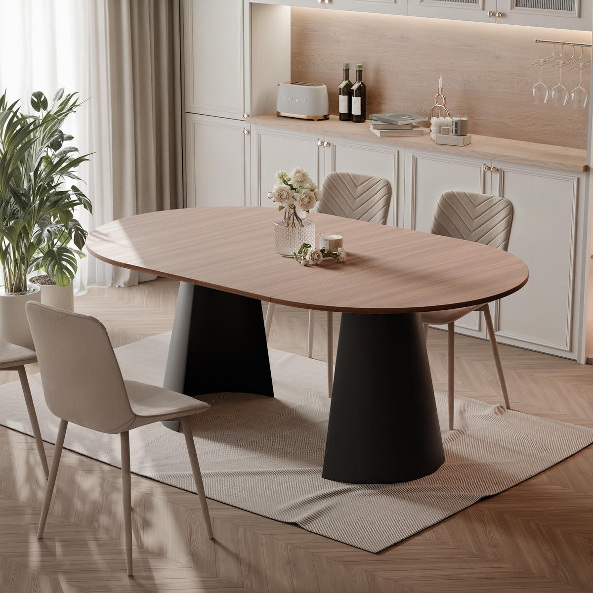 AUSZIEHTISCH BASE 120-196/76 cm, Schwarz / Franklin-Nussbaum - Nussbaumfarben/Schwarz, Holzwerkstoff/Metall (120/120/76cm) - Idohome