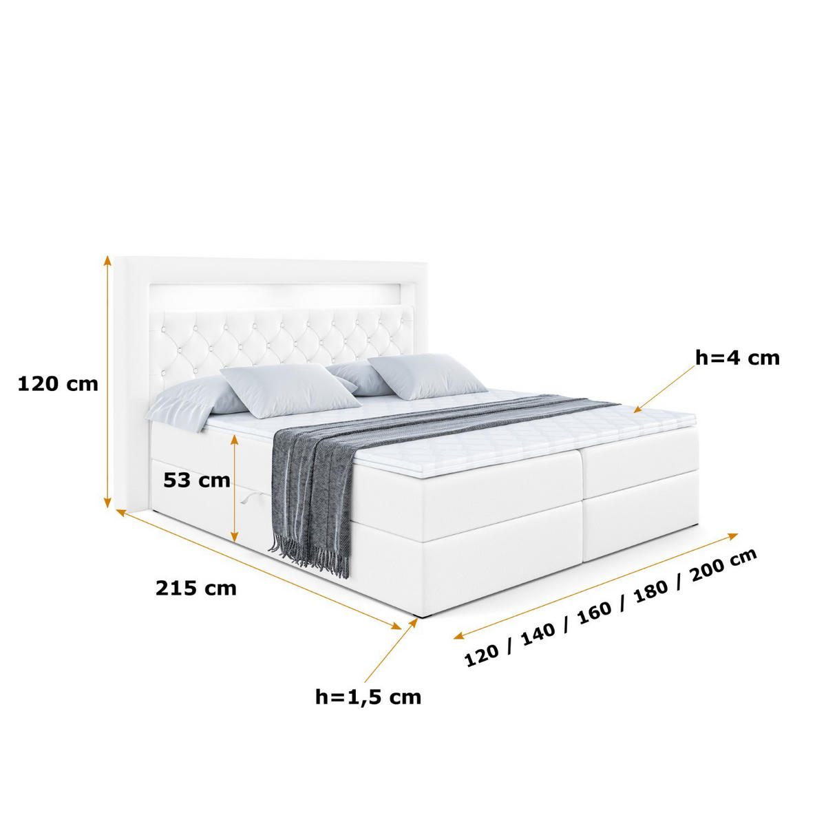 BOXBETT LED mit H3-Matratze und Lattenrost - NOEL GOLD - 180x200 Weiß Hochglanz - Weiß Hochglanz, Holzwerkstoff (180/200cm) - ALTDECOR