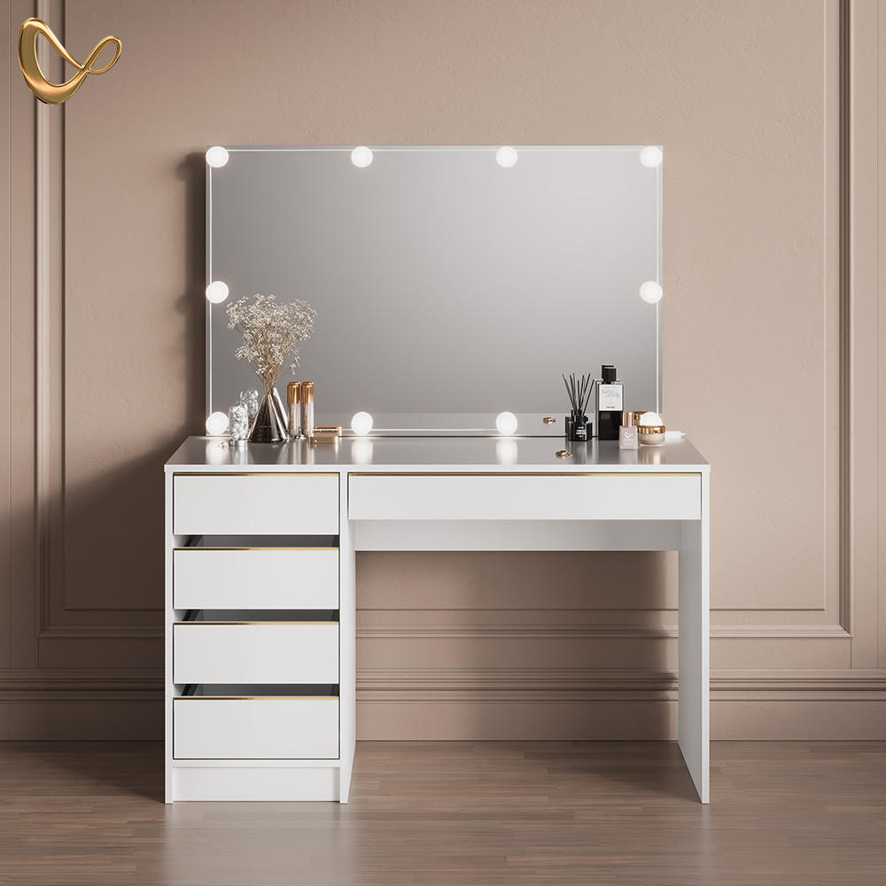 SCHMINKTISCH Imola Weiß/Gold 120 cm mit LED Beleuchtung - Goldfarben/Weiß, Holzwerkstoff (120/75/55cm) - Livinity®