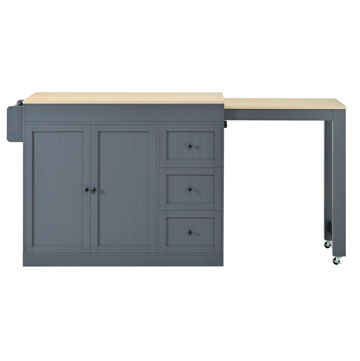 KÜCHENINSEL aus MDF 130x45x93 cm Grau mit ausziehbarer Arbeitsplatte, Rollen, 3 Schubladen und Gewürzregal - Grau, Holzwerkstoff (130/93/45cm) - Modfu