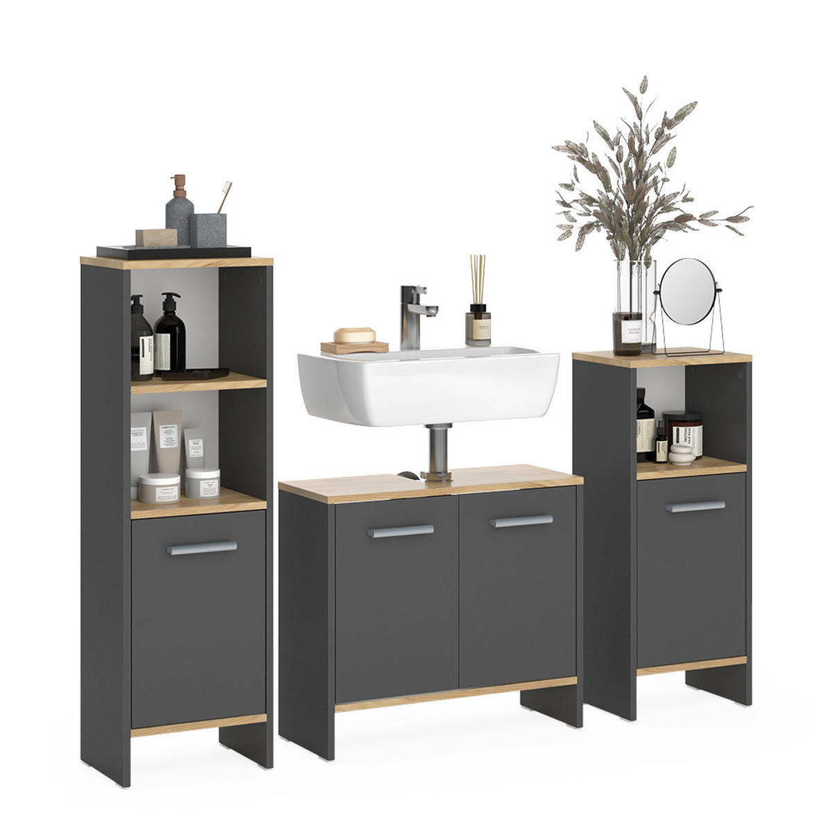 BADMÖBEL-SET Karli Anthrazit/Goldkraft Eiche 3-teilig - Anthrazit/Eiche Wotan, Holzwerkstoff (131.4/108.2/26.3cm) - Vicco