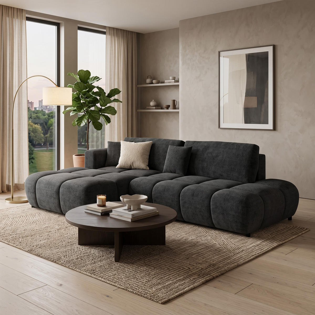 ECKSOFA BARI Links Dunkelgrau Chenille-Stoff L-Form Couch mit Schlaffunktion & Bettkasten - Dunkelgrau/Schwarz, Holz (170/280cm) - Barchello