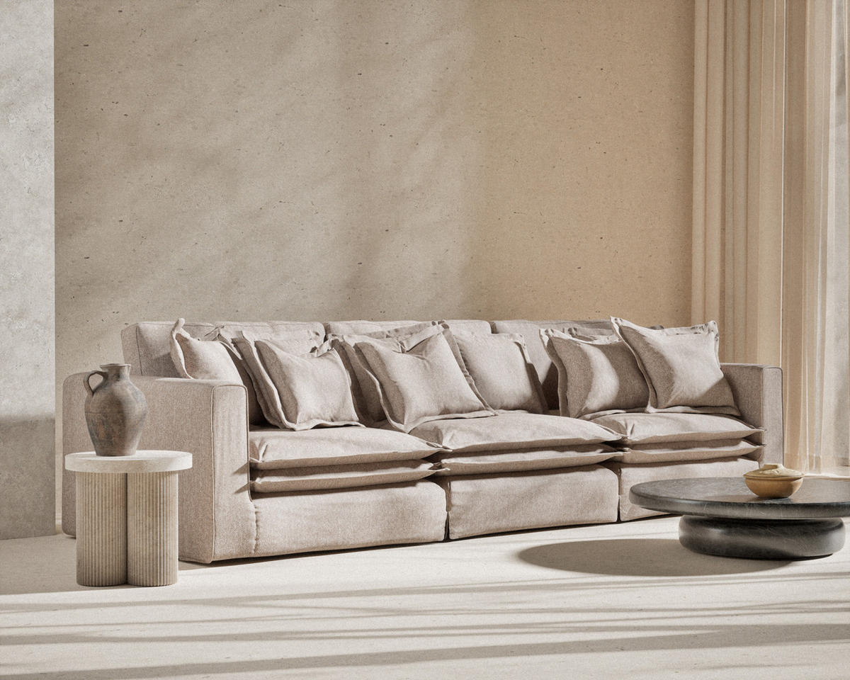6-SITZER SOFA Amalfi Hellbraun Webstoff - Schwarz/Braun, Holz/Holzwerkstoff (338/90/119cm) - Maison de Reve