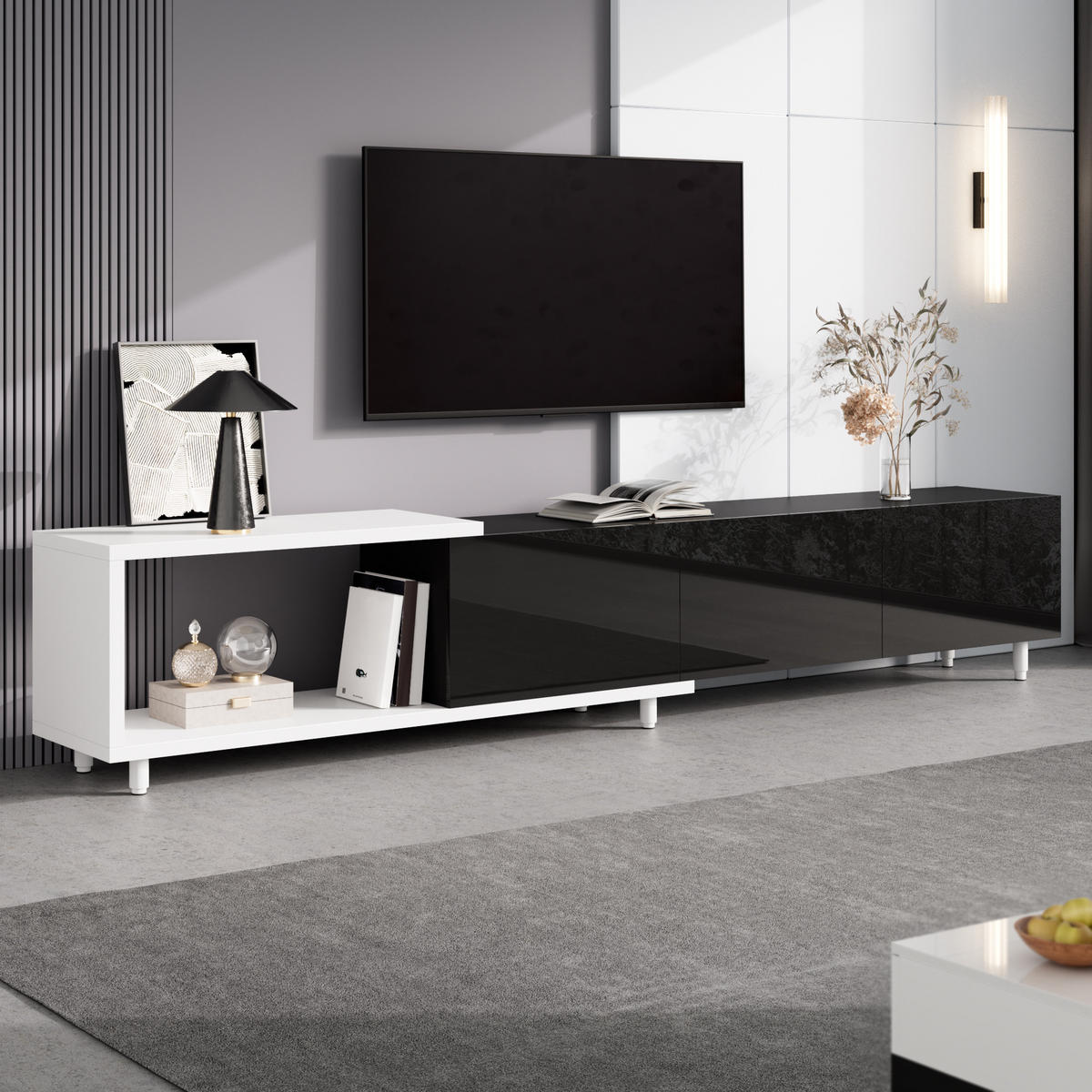 TV-SCHRANK ausziehbar 3 Türen Hochglanz Metallfüße modern - Multicolor, Holzwerkstoff (38/48.5/258cm) - FLIEKS