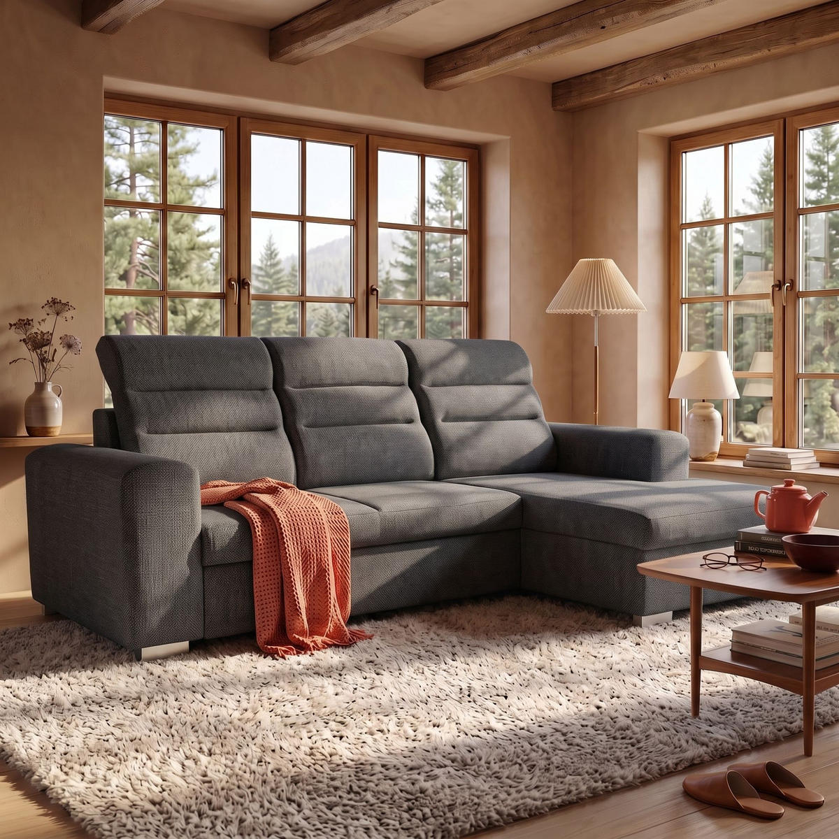 ECKSOFA CLOUD S Rechts mit Schlaffunktion 120x200 Velours Grau - Chromfarben/Grau, Holz/Kunststoff (260/155cm) - Muffo